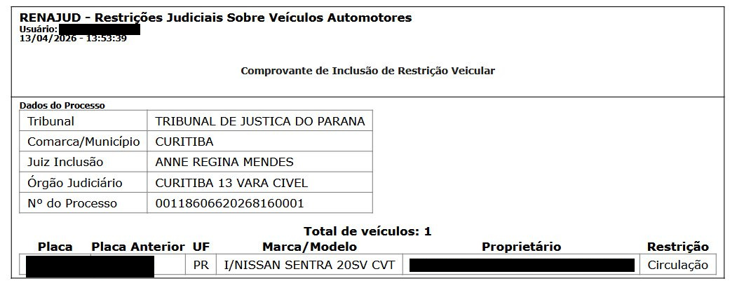 Exemplo real e anonimizado de comprovante de inclusão de restrição RENAJUD emitido pelo sistema do Poder Judiciário, com órgão judicial, modalidade e data