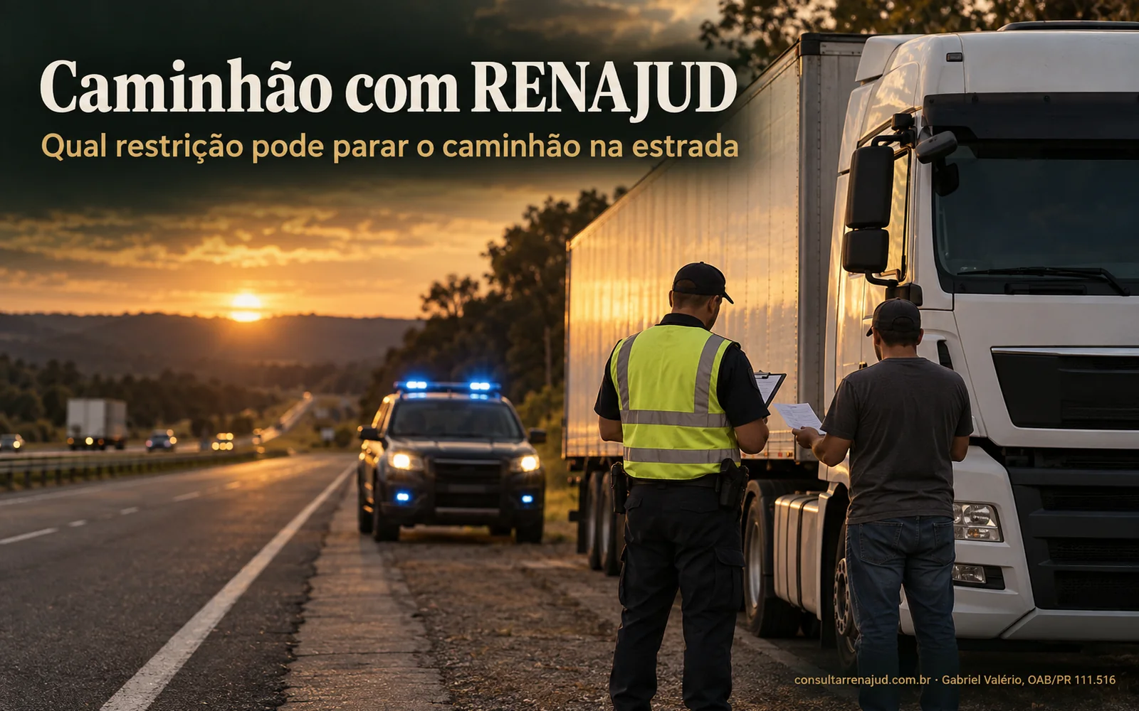 Caminhão branco parado no acostamento de uma rodovia ao entardecer, com uma viatura de luzes azuis ao fundo; um agente de colete refletivo confere um documento entregue pelo motorista.
