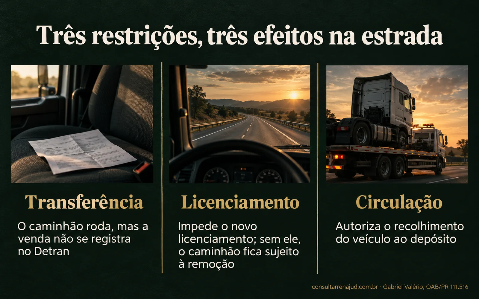 Três colunas: transferência, em que o caminhão roda mas a venda não se registra no Detran; licenciamento, que impede o novo licenciamento e deixa o caminhão sujeito à remoção; e circulação, que autoriza o recolhimento do veículo ao depósito.