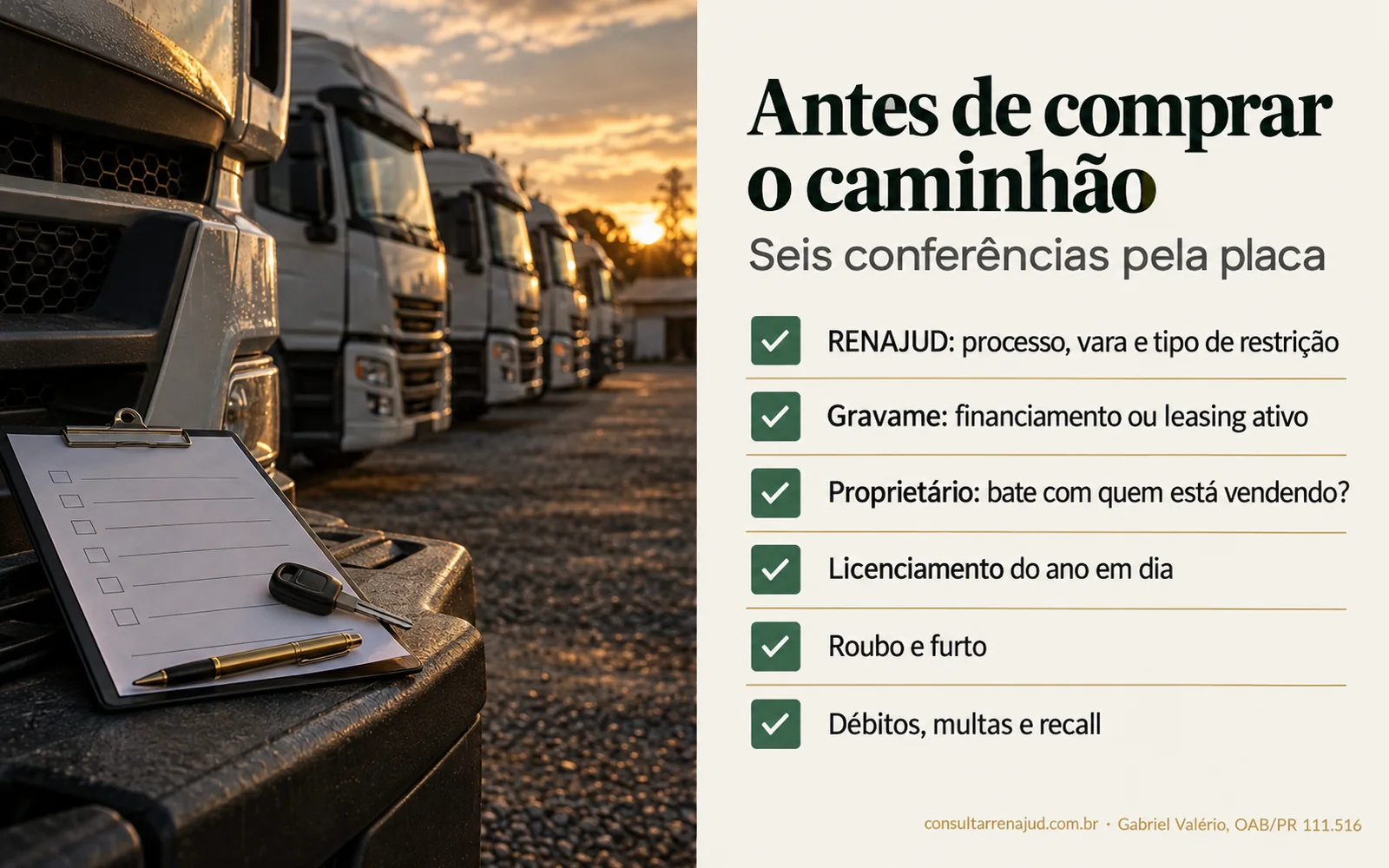 Checklist para comprar caminhão usado pela placa: RENAJUD com processo, vara e tipo de restrição; gravame de financiamento ou leasing; proprietário; licenciamento do ano; roubo e furto; débitos, multas e recall.