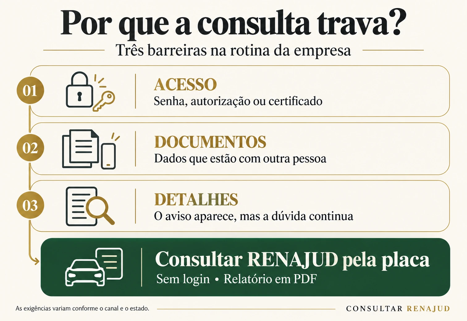 Consultar RENAJUD PJ: barreiras de acesso, documentos e falta de detalhes na consulta do veículo de empresa.
