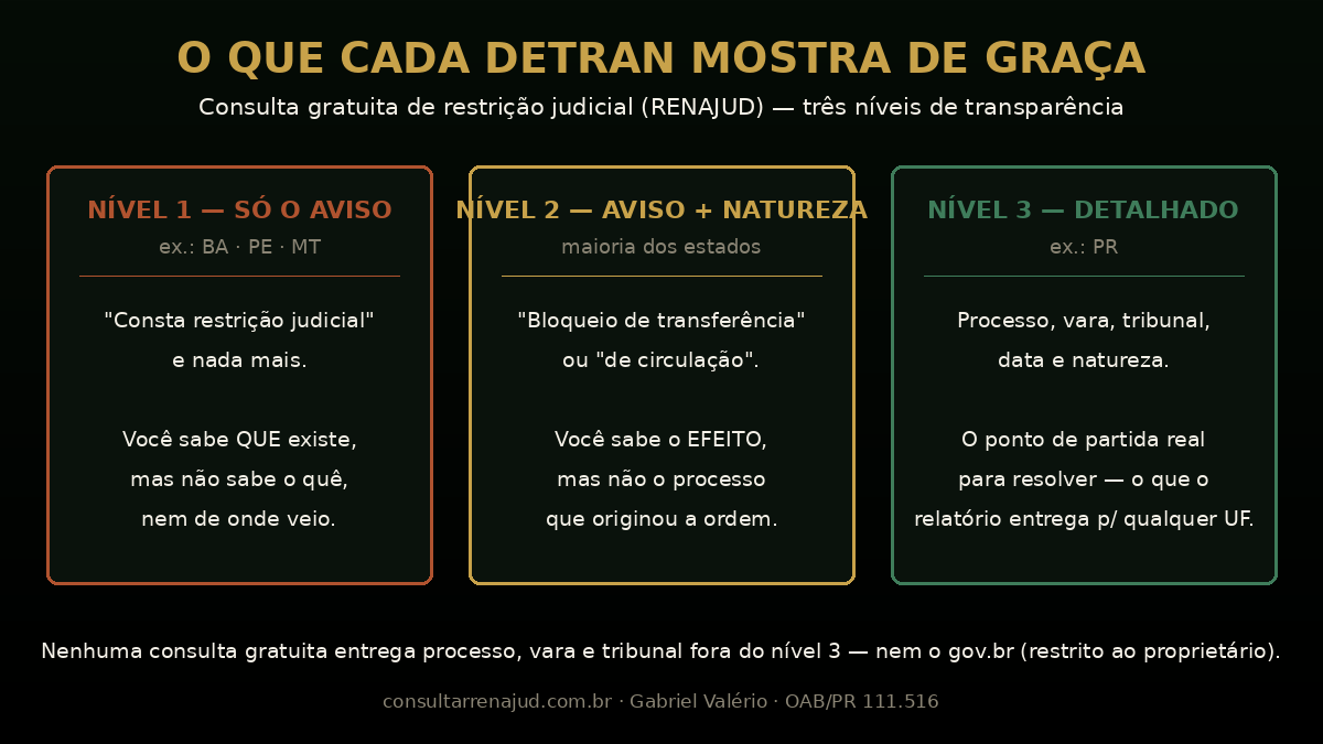Três níveis de transparência dos Detrans na consulta gratuita de restrição judicial RENAJUD: só o aviso (ex. BA, PE e MT), aviso com natureza (maioria dos estados) e detalhado com processo, vara e tribunal (ex. PR).