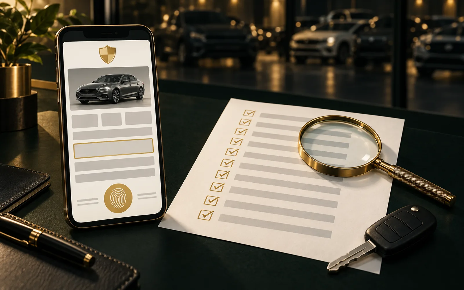 Mesa com um celular que exibe um relatório de consulta veicular ao lado de uma folha de conferência com dez itens marcados, uma lupa e a chave de um carro.