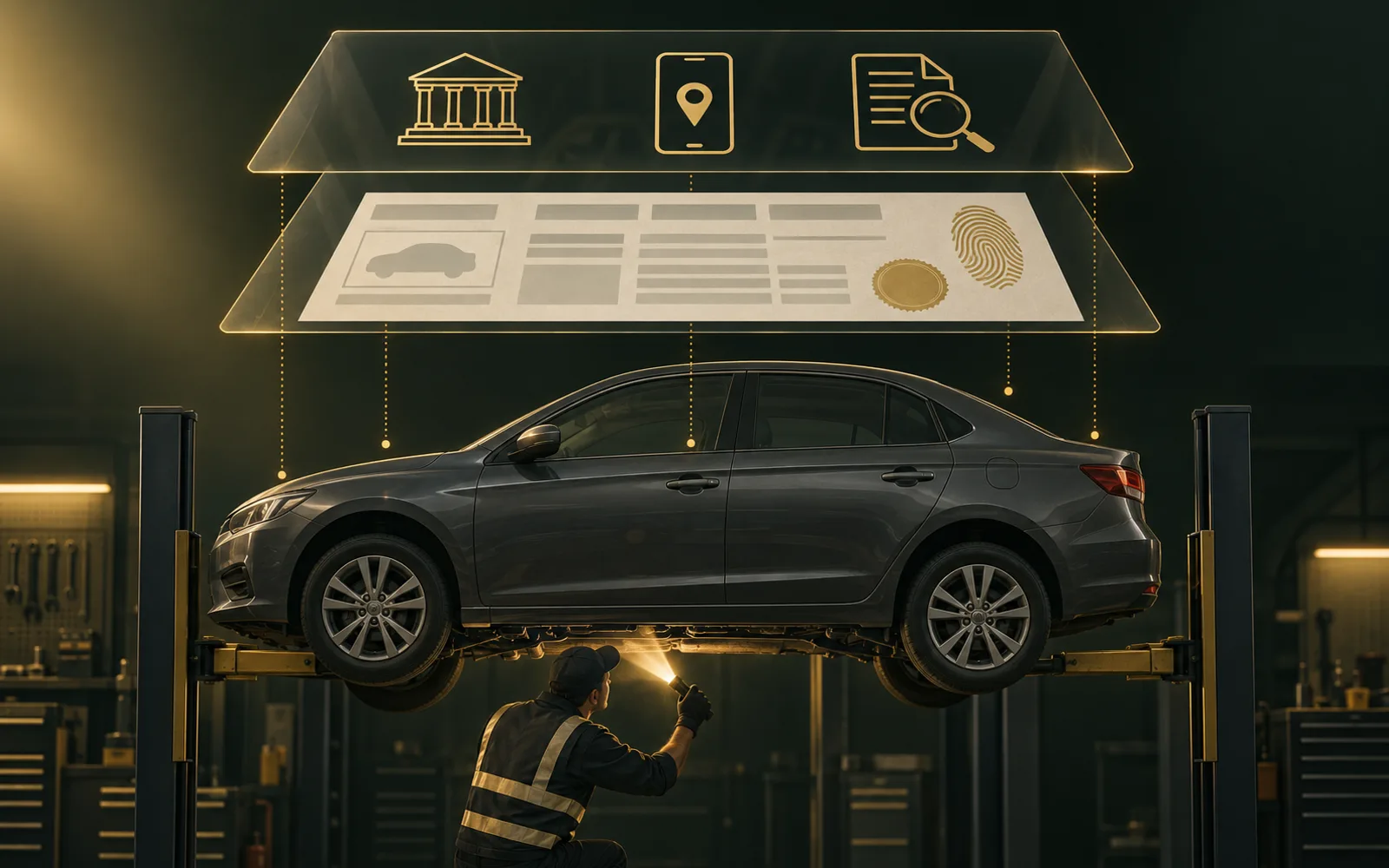 Carro sob três camadas transparentes: serviços públicos, relatório pago e, embaixo, a vistoria do carro em um elevador.