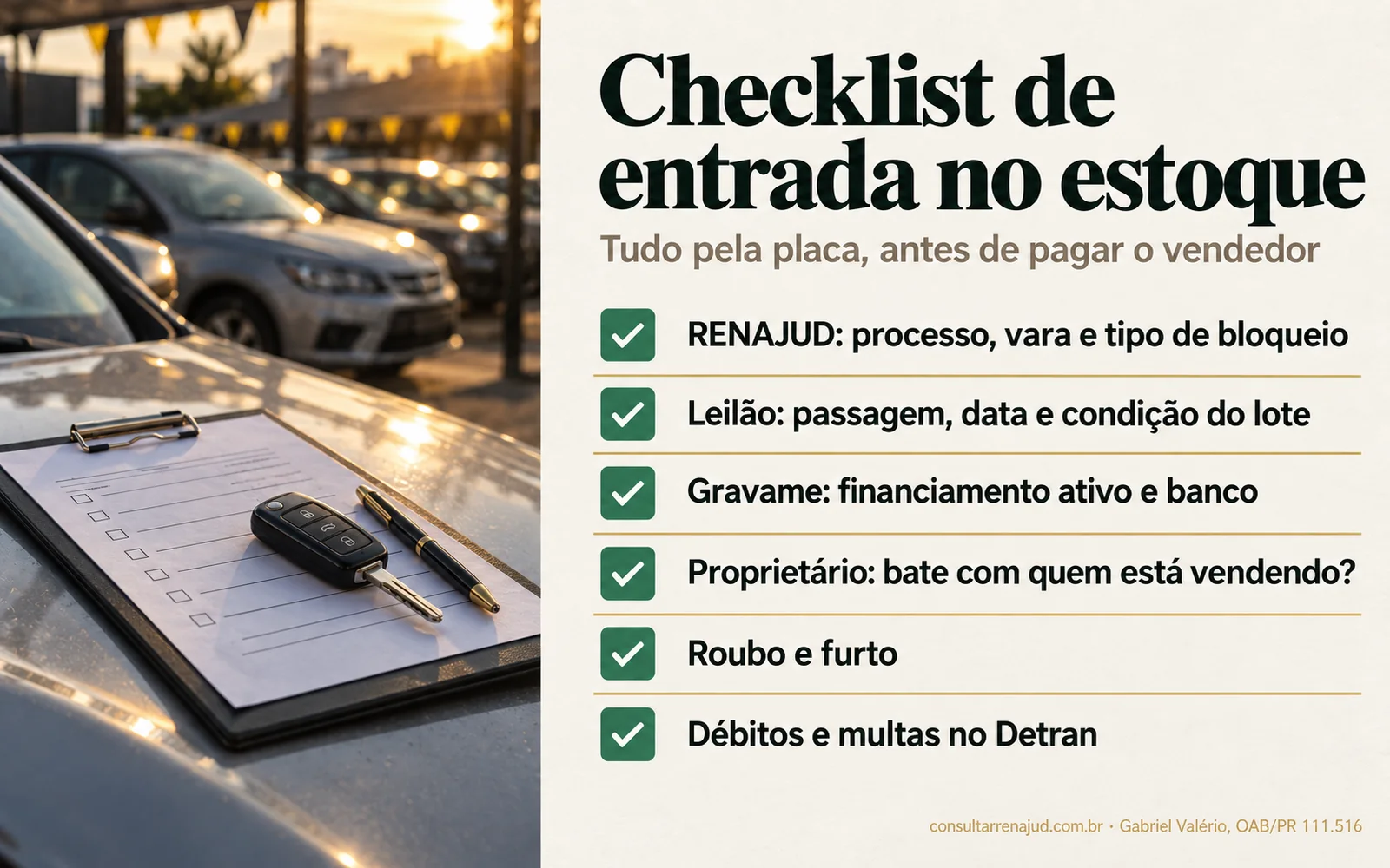 Checklist de entrada de um carro no estoque da loja, conferido pela placa: RENAJUD, leilão, gravame, proprietário, roubo e furto, débitos e multas.