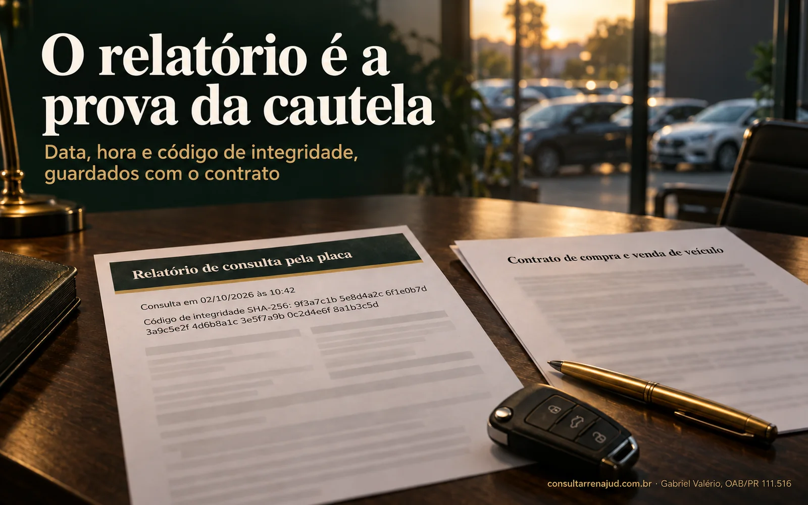 Mesa da loja com o relatório da consulta pela placa impresso, com data, hora e código de integridade, ao lado do contrato de compra e das chaves do carro.