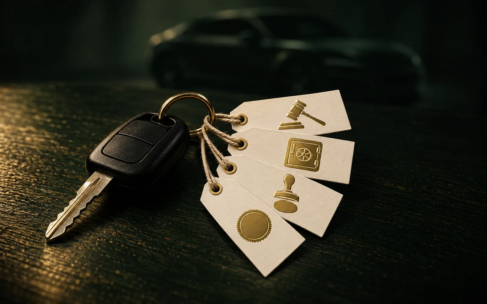 Chaveiro de carro sobre uma mesa verde-escura com quatro etiquetas de papel, cada uma marcada por um ícone dourado: martelo de juiz, cofre de banco, carimbo oficial e moeda, que representam as restrições judicial, financeira, administrativa e tributária.