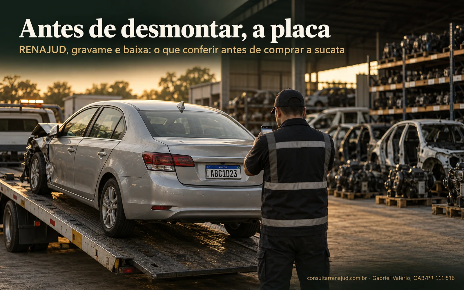 Funcionário de uma empresa de desmontagem, de costas, aponta o celular para a placa ABC1D23 de um sedã batido que acaba de descer do guincho no pátio do desmanche.