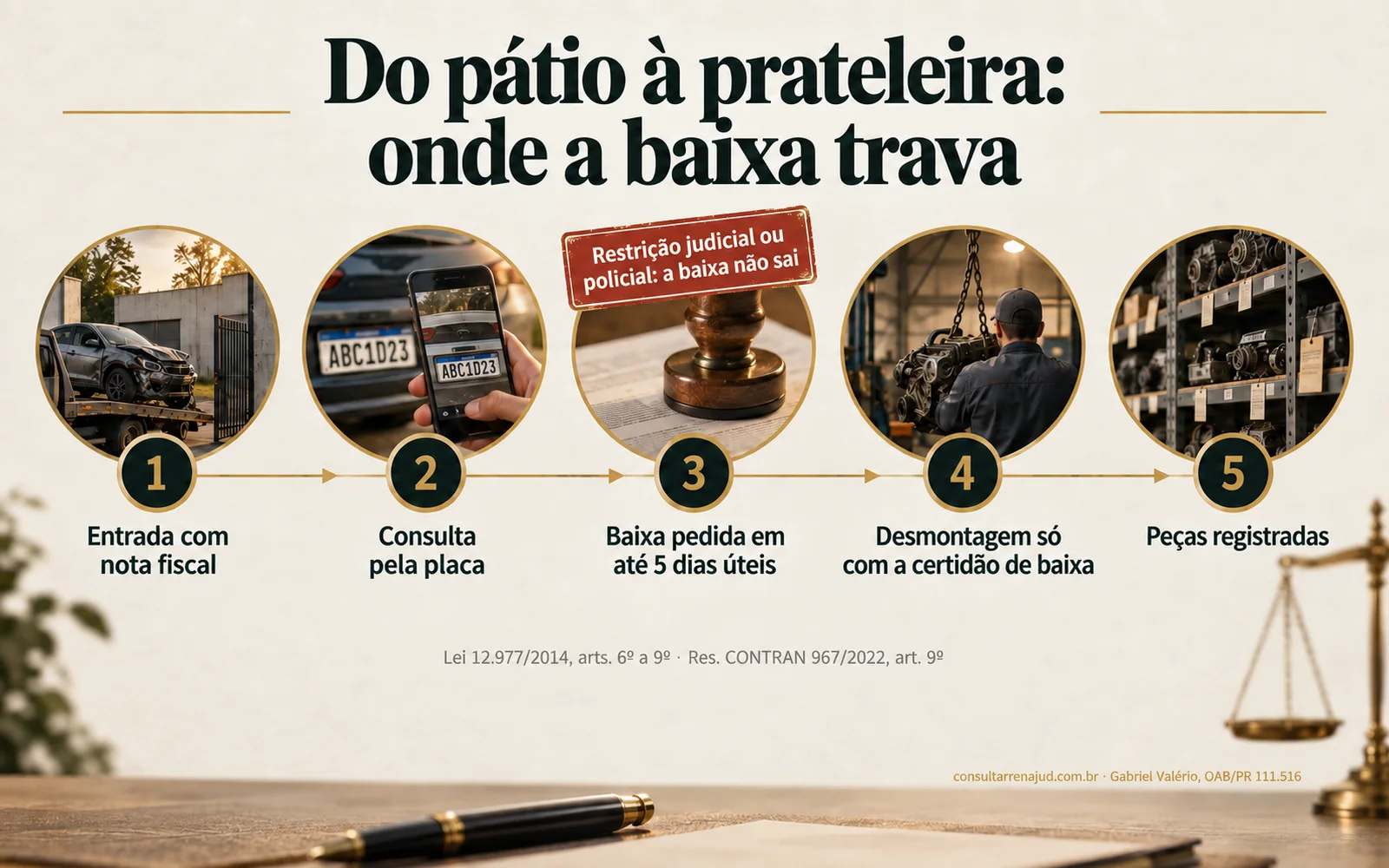 Linha do tempo em cinco etapas da desmontagem de veículo: entrada com nota fiscal, consulta pela placa, baixa pedida em até 5 dias úteis, desmontagem só com a certidão de baixa e peças registradas; selo indica que a restrição judicial ou policial impede a baixa.