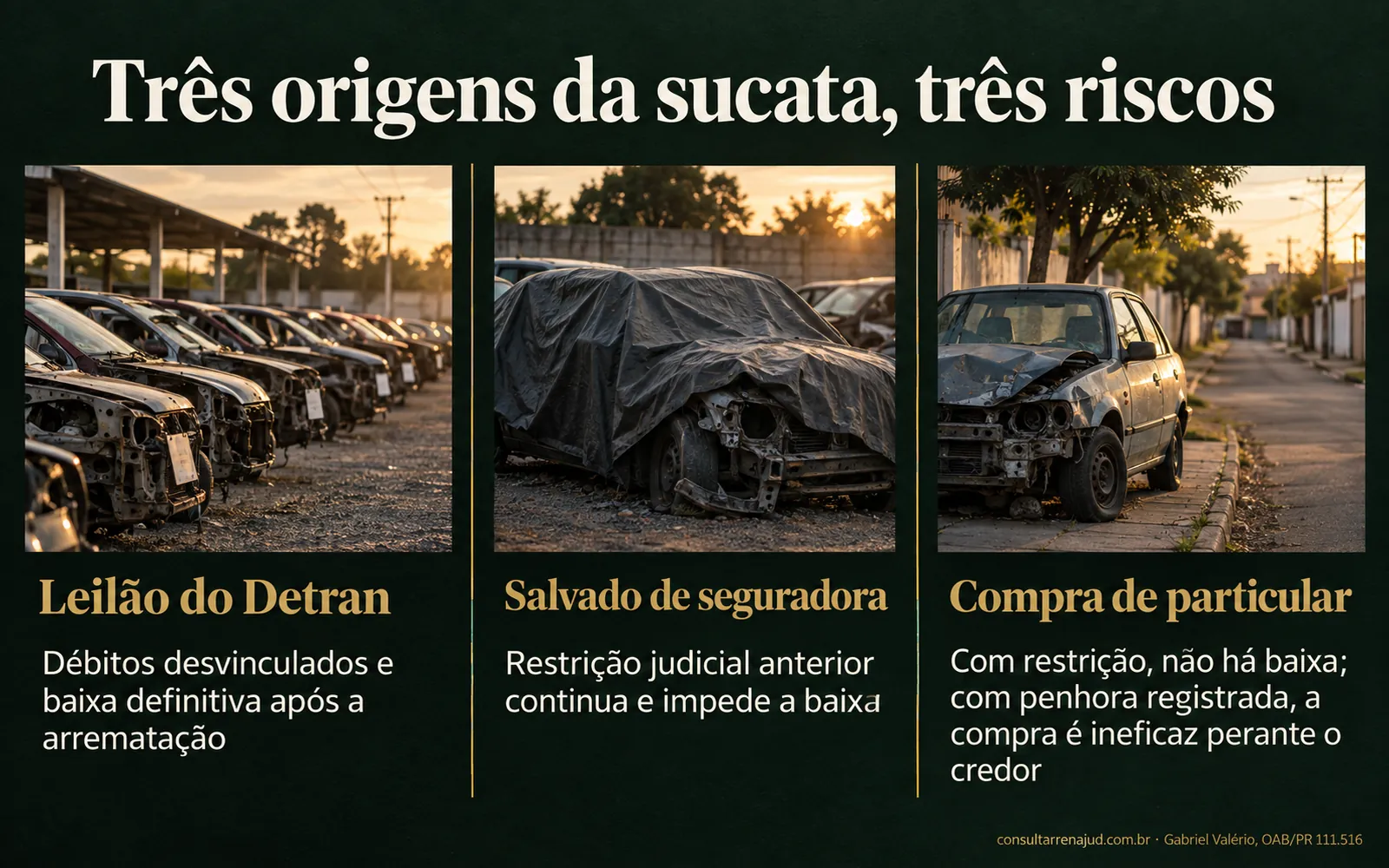 Três colunas comparam a origem da sucata: leilão do Detran com débitos desvinculados e baixa após a arrematação, salvado de seguradora em que a restrição judicial anterior impede a baixa, e compra de particular em que a restrição impede a baixa e a penhora registrada torna a compra ineficaz.