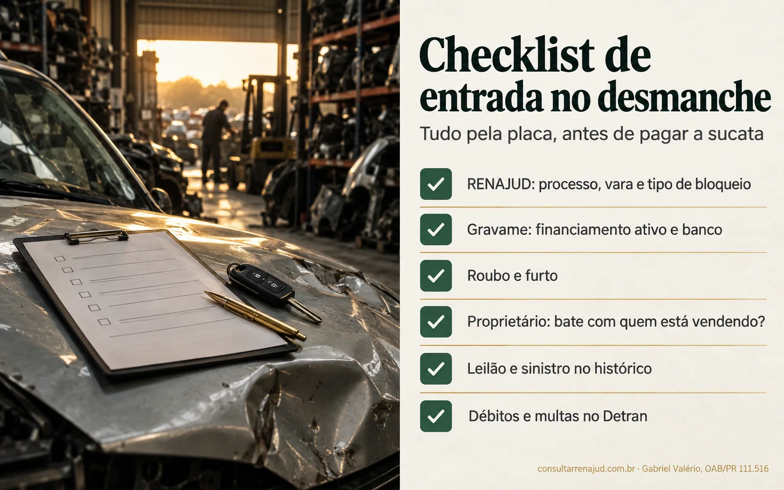 Checklist de entrada de um veículo no desmanche, conferido pela placa: RENAJUD com processo, vara e tipo de bloqueio; gravame; roubo e furto; proprietário; leilão e sinistro; débitos e multas no Detran.