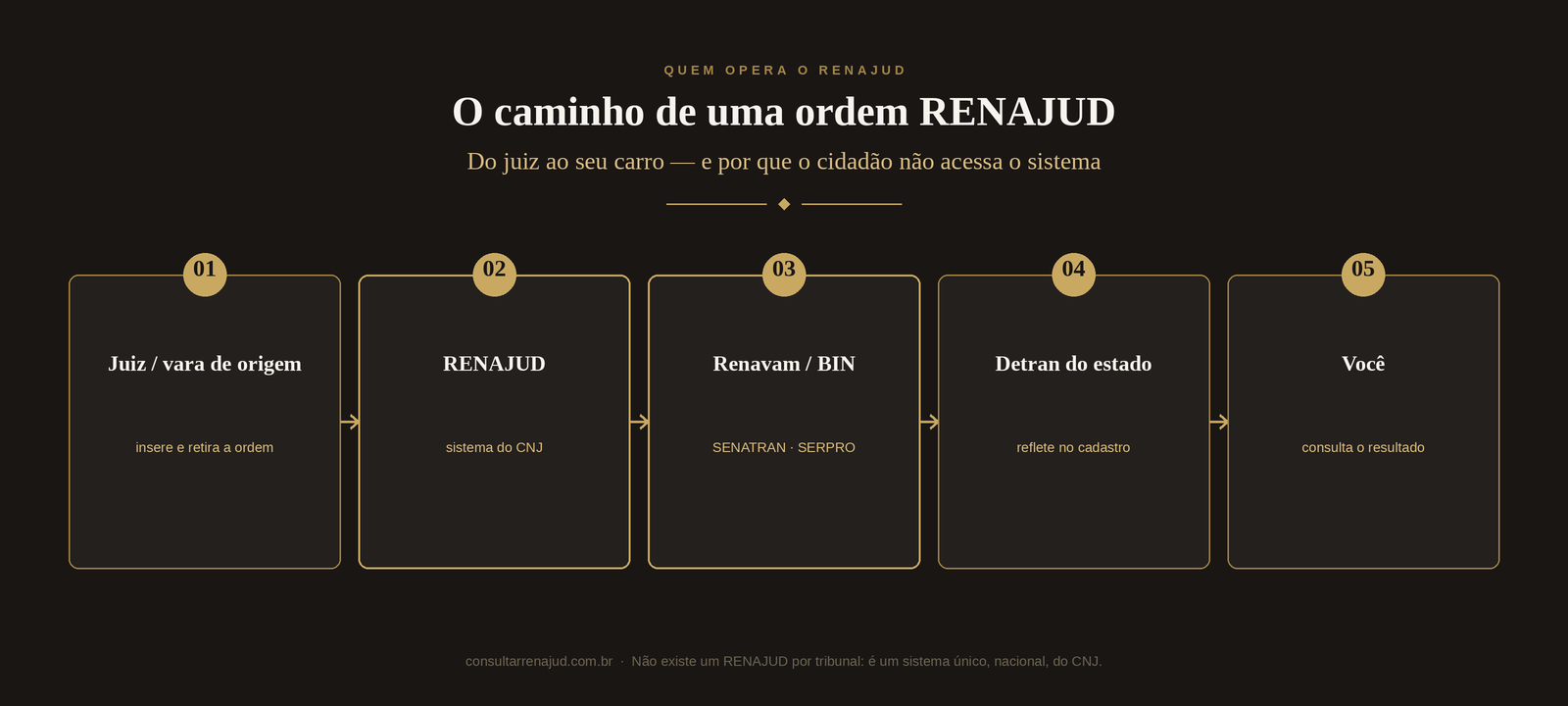Fluxo de uma ordem RENAJUD: o juiz insere pelo sistema do CNJ, a restrição é gravada na base Renavam/BIN (SENATRAN e SERPRO) e refletida pelo Detran; o cidadão consulta o resultado.