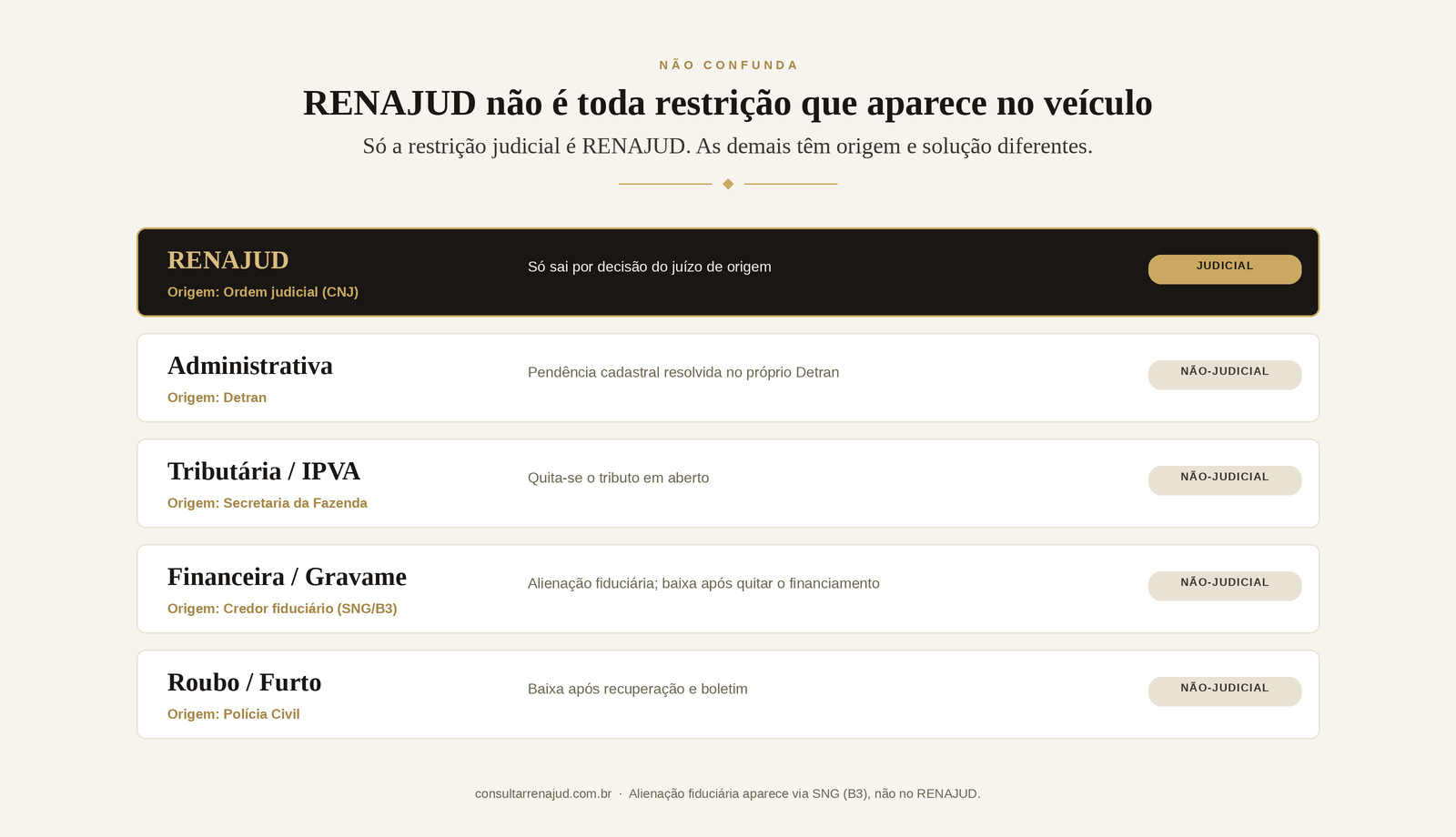 Comparação entre a restrição judicial RENAJUD e as restrições administrativa, tributária, financeira (gravame) e de roubo ou furto, com a origem e a forma de baixa de cada uma.